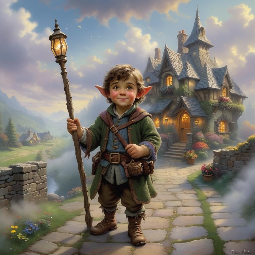 Halfling Innkeeper Sweeping Hallway in Ethereal Fantasy Styl...