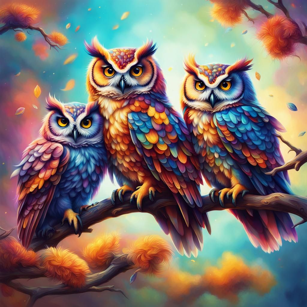 Colorful Fluffy Owls on Branch: Splash Art