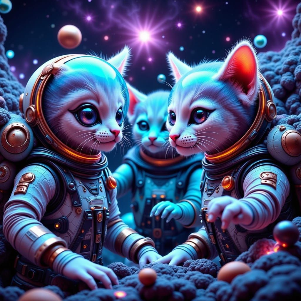Neon Space Cats in Astronaut Suits Among Nebula