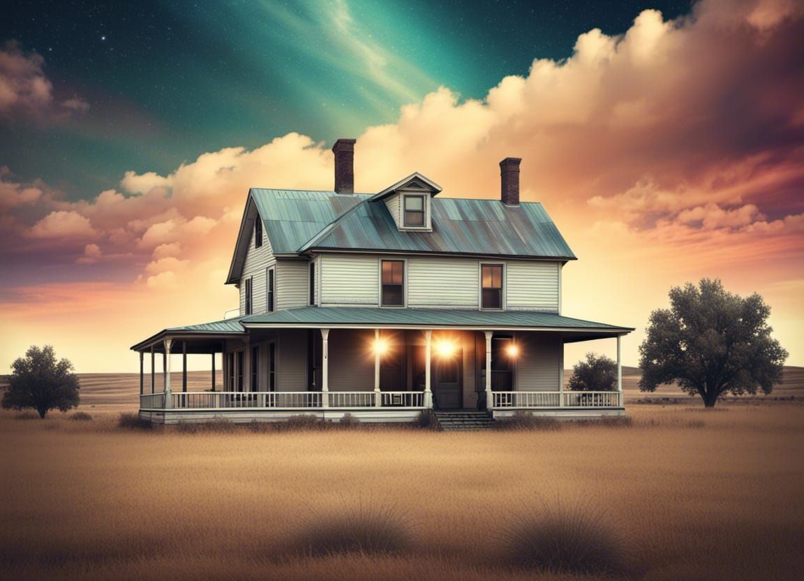 Vintage Ranch House in Midwest Under Cosmic Sky