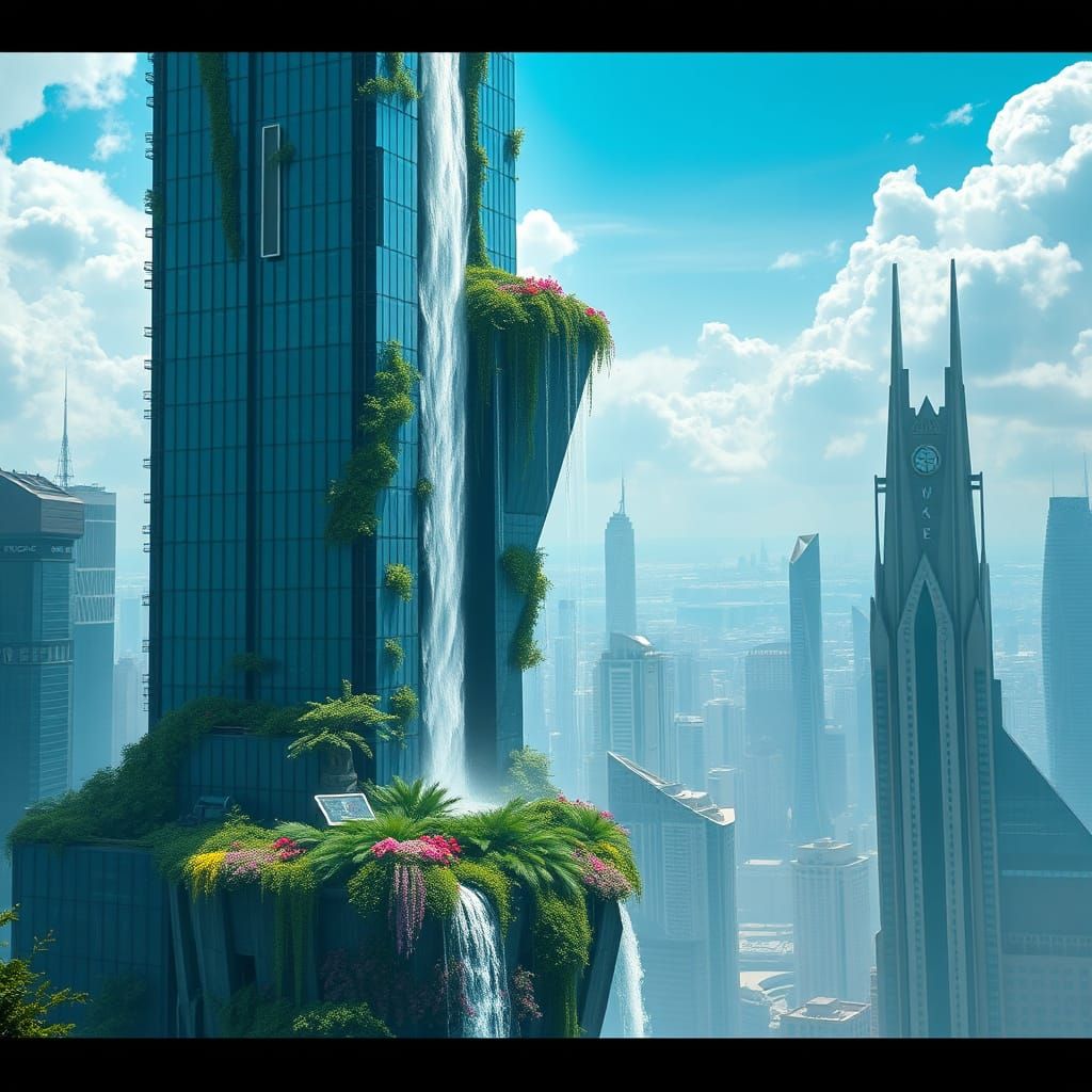 Hyperrealistic Waterfall Adorns Futuristic Skyscraper