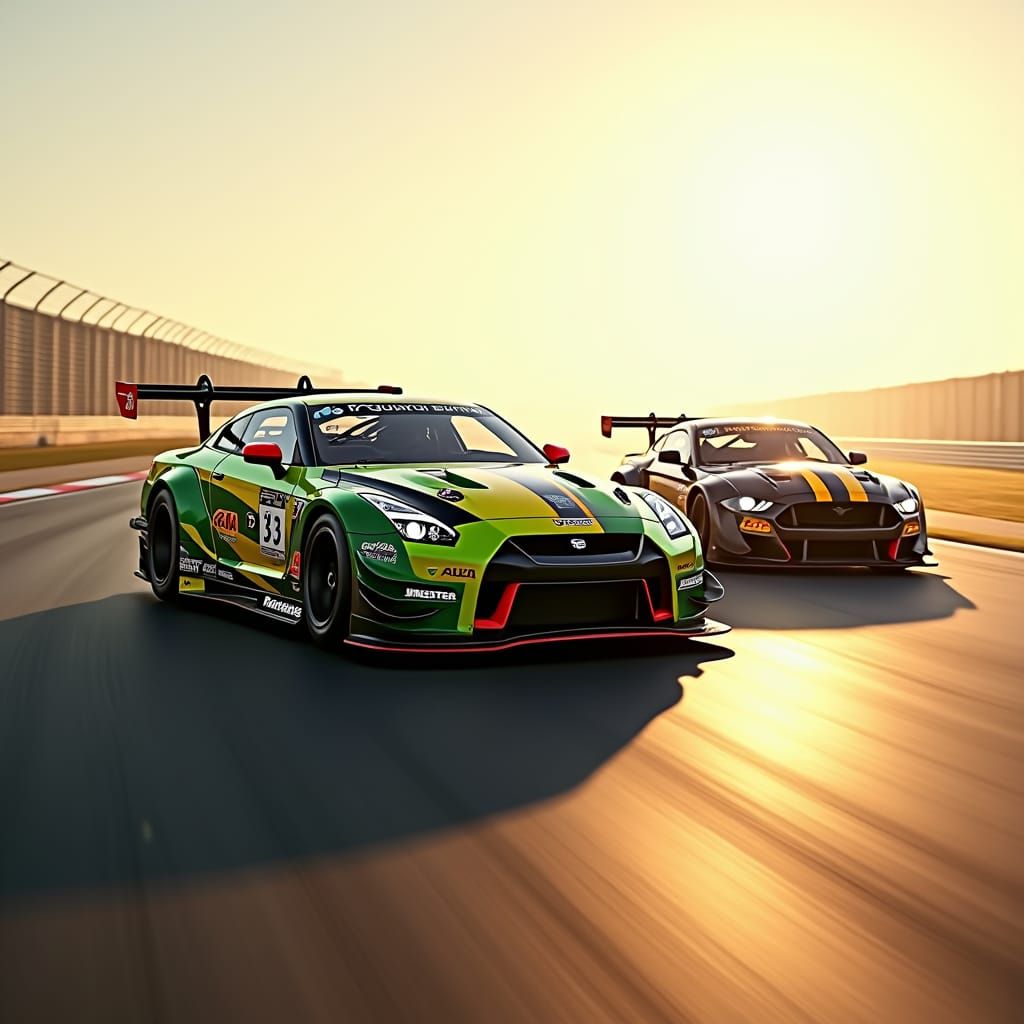 Nissan Skyline and Mustang Speeding on Racetrack