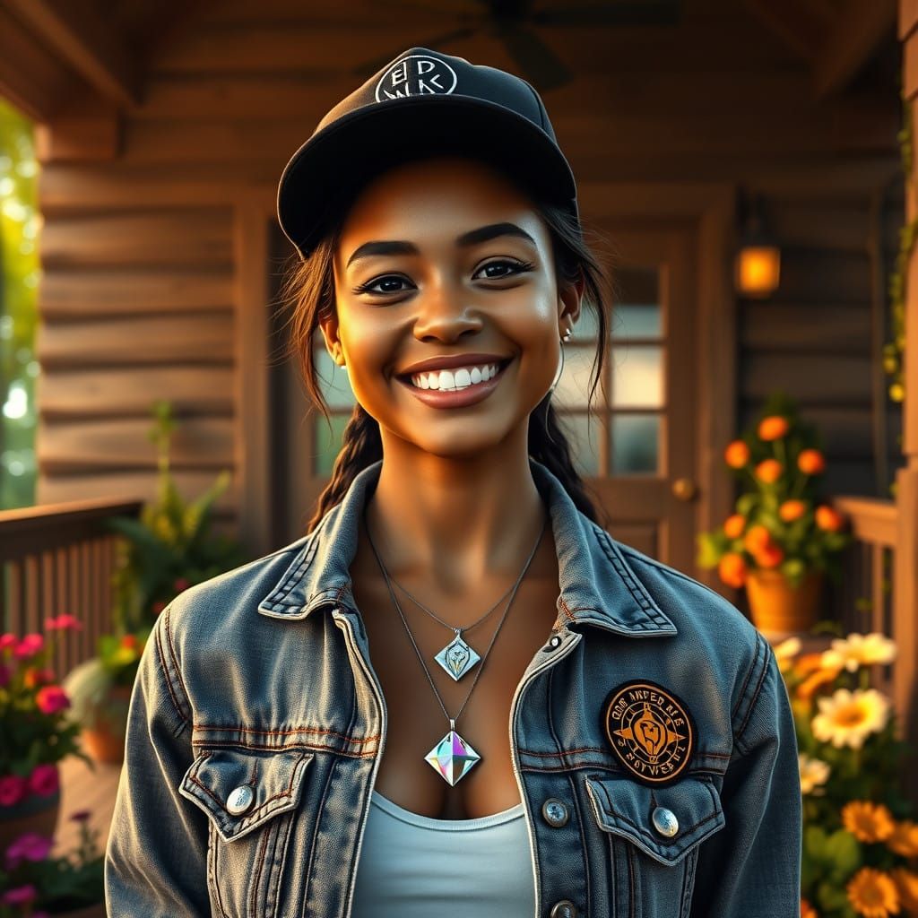 Dreamy American Woman in Denim Jacket and Baseball Cap, Surr...