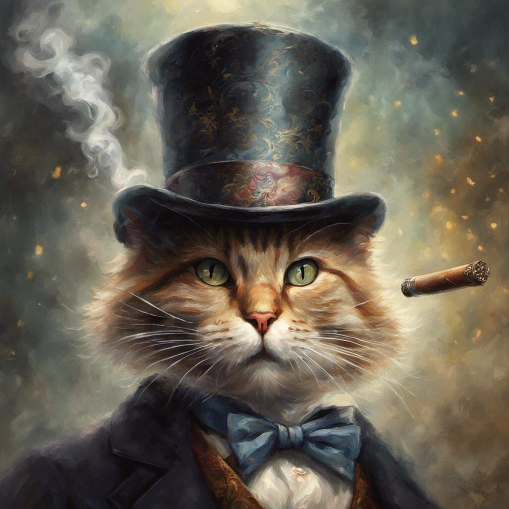 Cat in Top Hat Smoking Cigar, Ethereal Fantasy Art