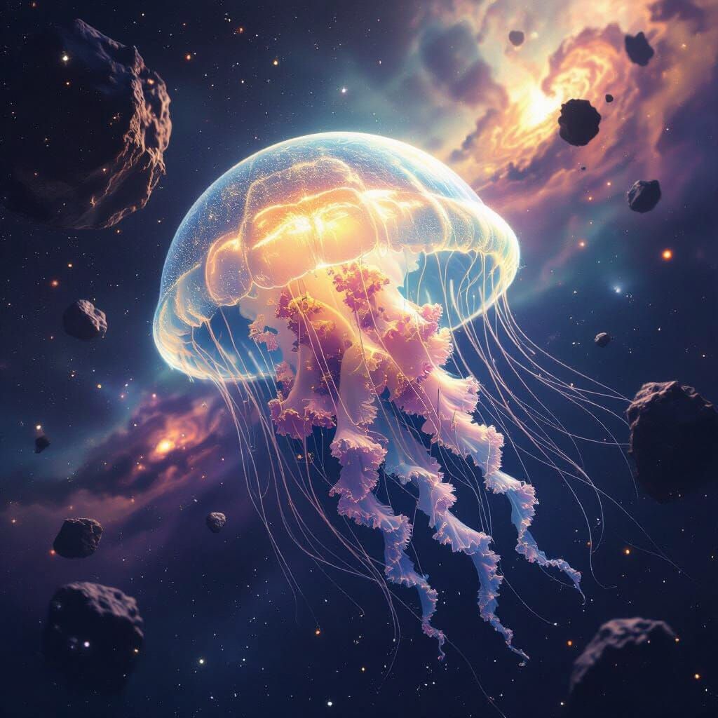 Bioluminescent Jellyfish Drifting Through Deep Space