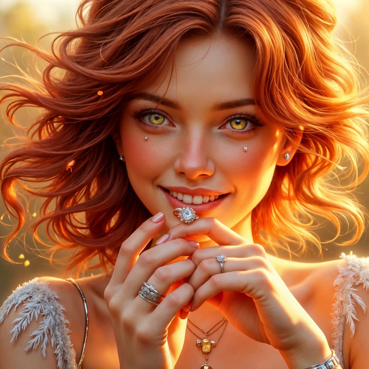 Joyful Young Woman Holds Engagement Ring in an Oil Painting