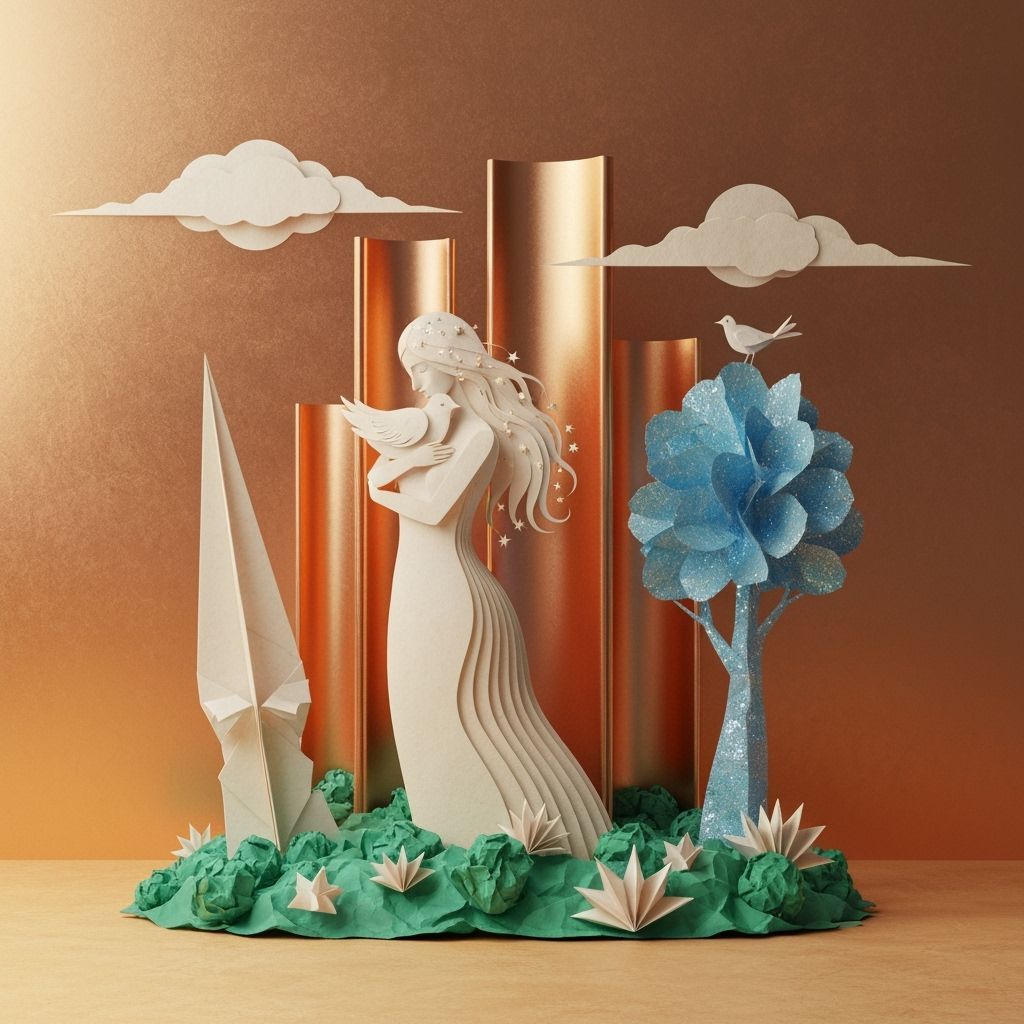 Woman Hugging Bird in Paper World Surrealism