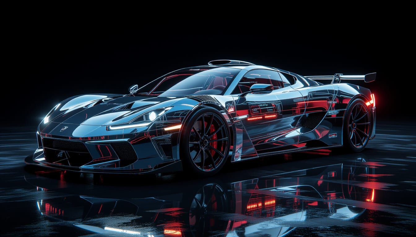 Futuristic Glass Sports Car with Glowing Neon Lights
