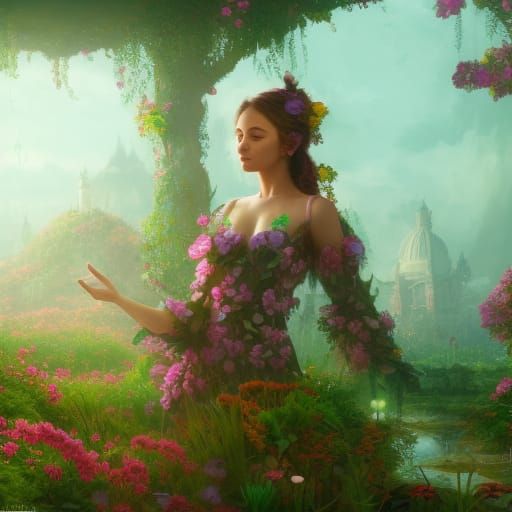 Secret Flower Garden Girl in Detailed Digital Painting