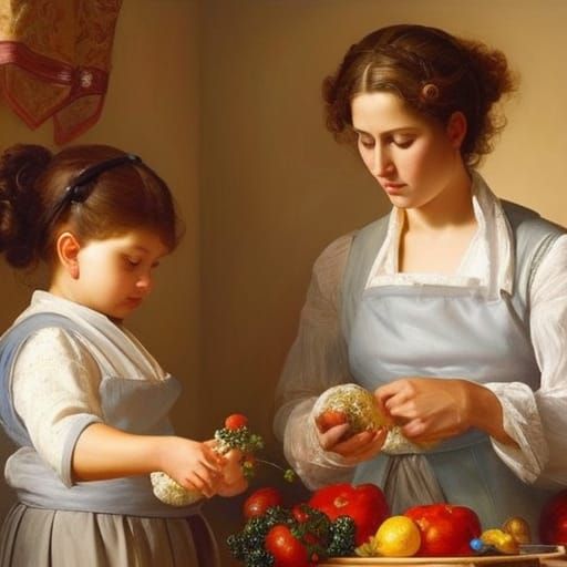 Italian Grandmother and Granddaughter Portrait in Oil