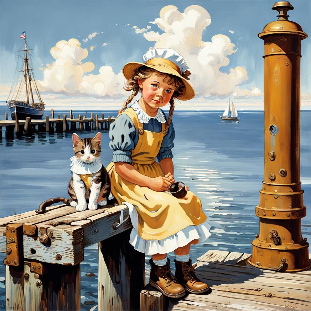 Girl and Fisherman by the Sea, Rockwell Style