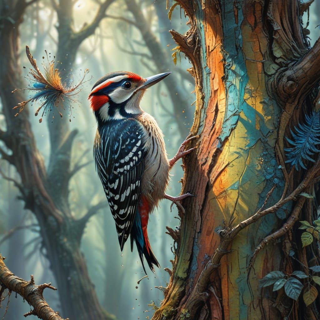 Whimsical Woodpecker in a Misty Forest