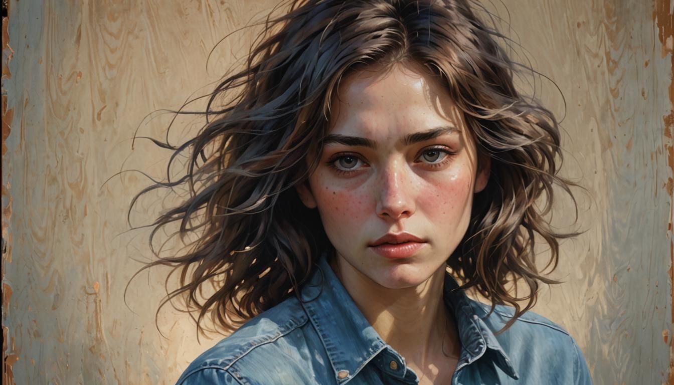 Melancholy Woman in Denim: Art Nouveau Portrait