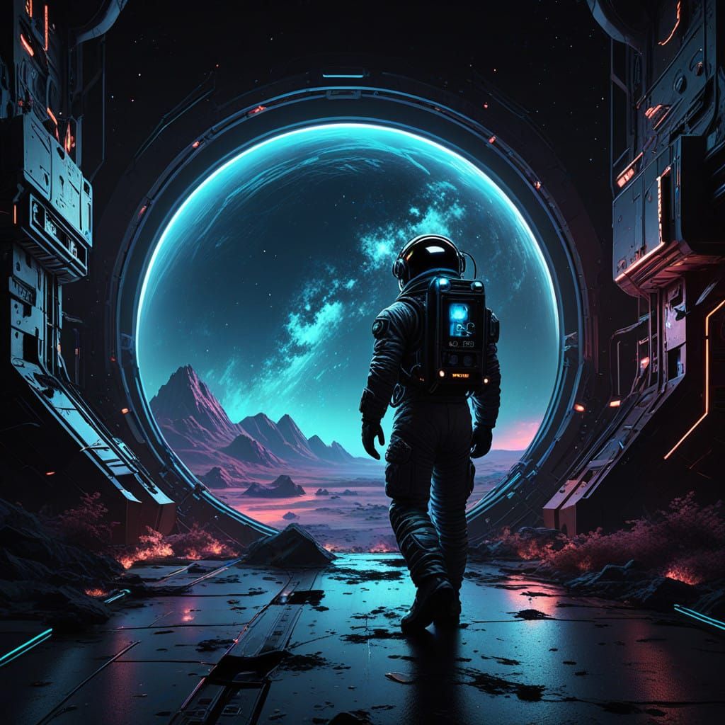 Heroic Astronaut in Neon Spacesuit, Galactic Nebula Backgrou...