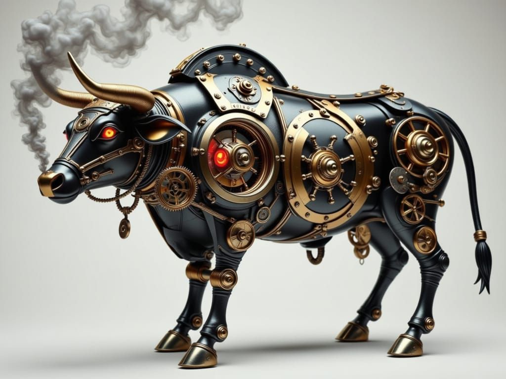 Intricate Clockpunk Bull with Kinetic Wheels and Smoke