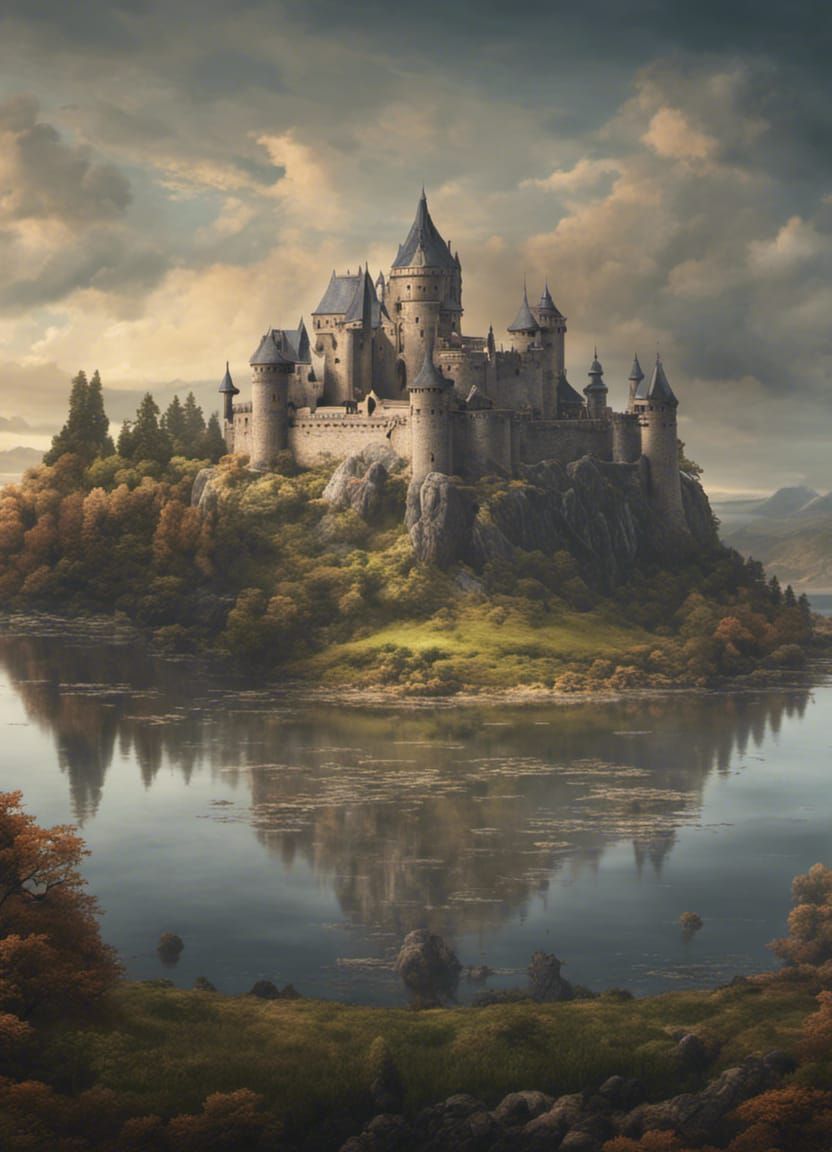 Ornate Medieval Castle on Island: Fantasy Art
