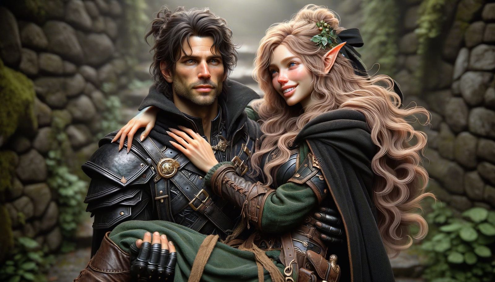 Ranger Carries Elf Girl in Magical World