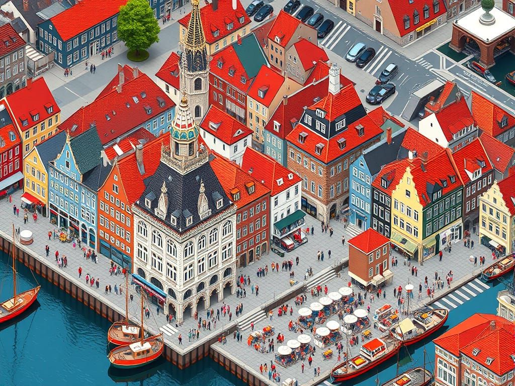 Vibrant Copenhagen Waterfront Scene in Isometric 3D