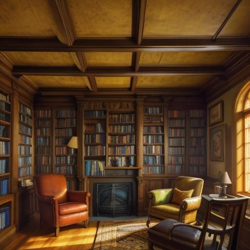 Vibrant Gouache Masterpiece: Cozy Library Room