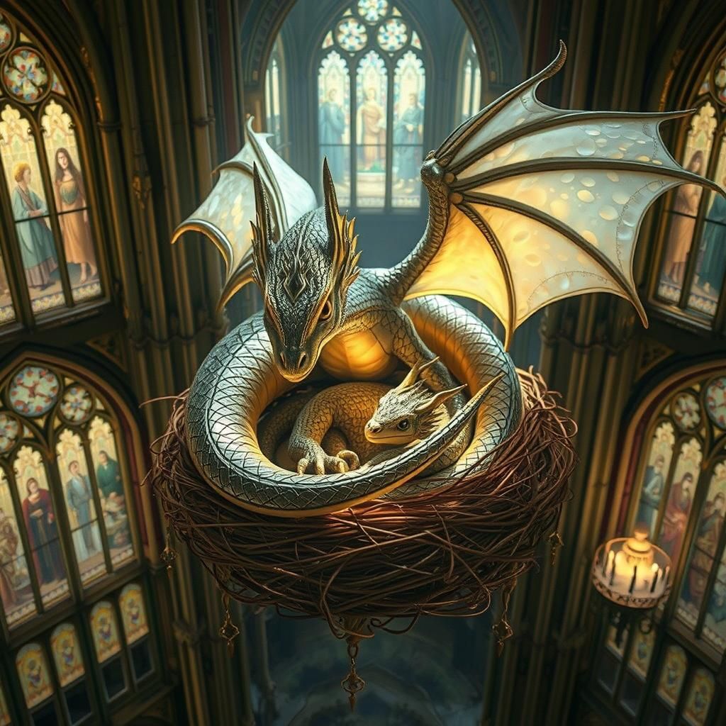 Mother Dragon and Baby in Gothic Cathedral