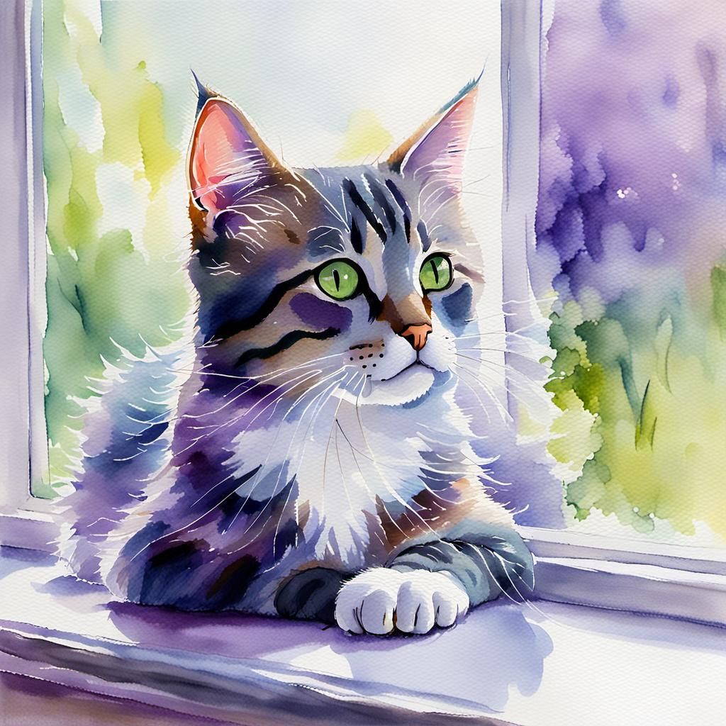 Kitten Purring on Windowsill in Watercolour Style