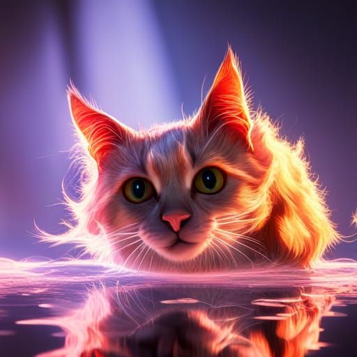 Cat Sees Reflection: Detailed Digital Art