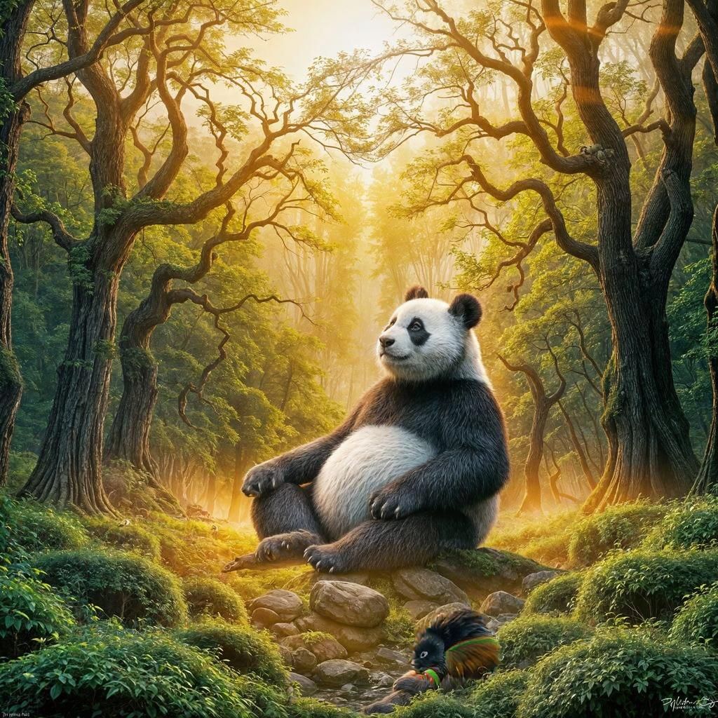 Meditating Panda in Golden Light: Ethereal Forest Scene