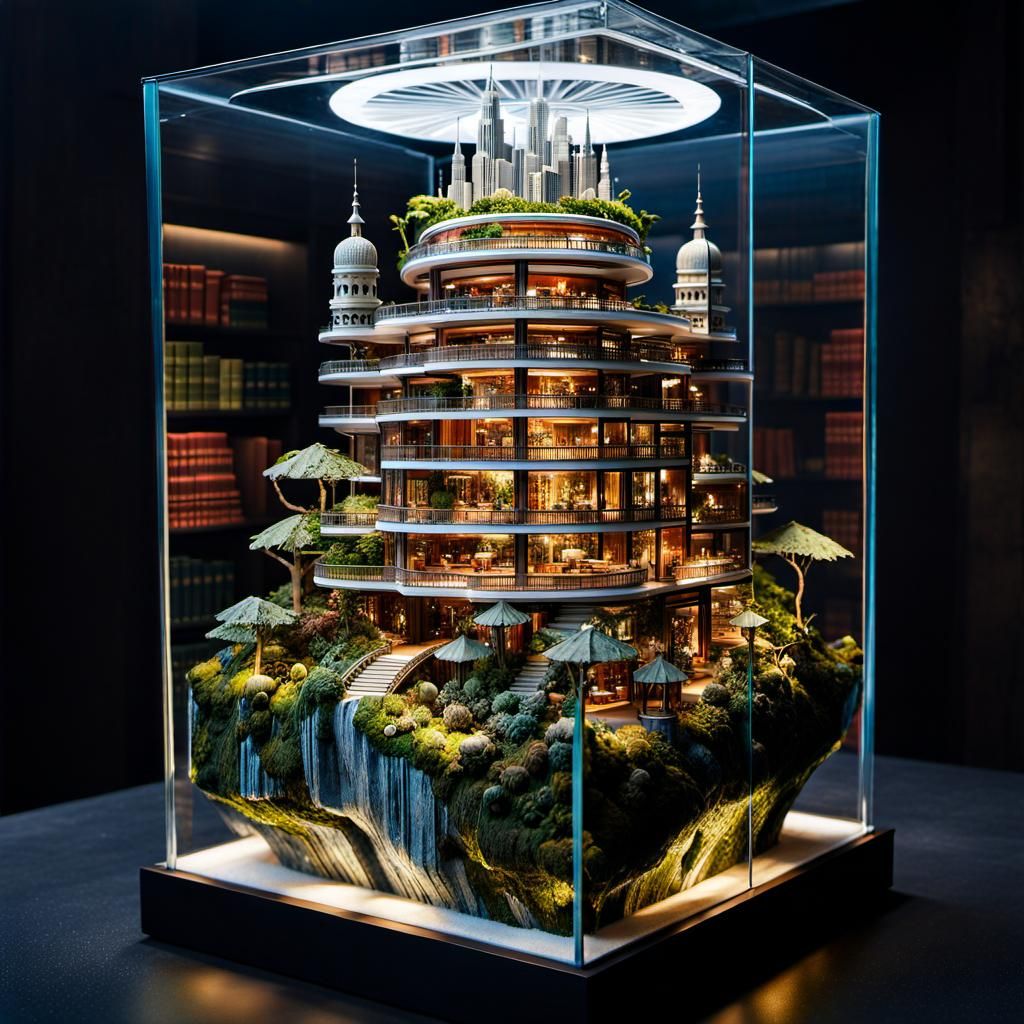 Miniature City in Glass Cube: Digital Art