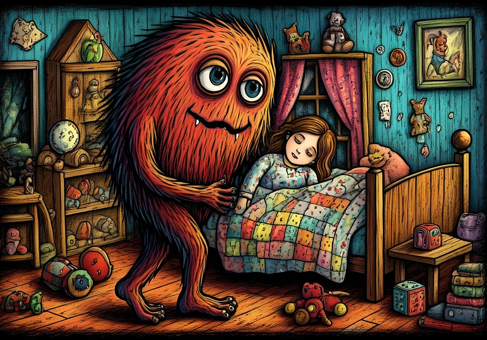 Cute Monster Carries Sleeping Girl: Art Brut Style