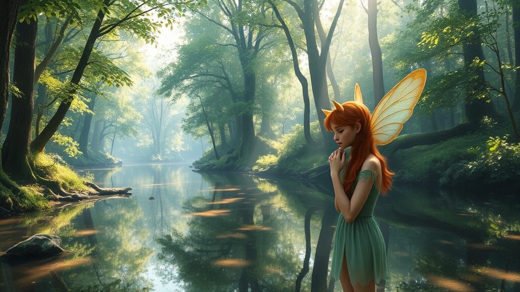 Enchanted Forest Fairy with Cat by River