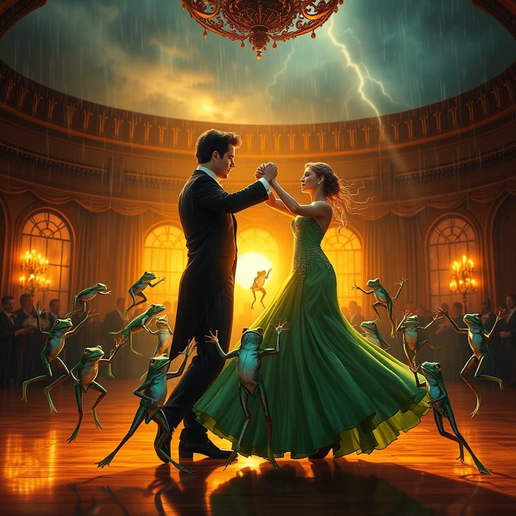 Elegant Couple Waltz with Frogs in a Stormy Sunset Ballroom
