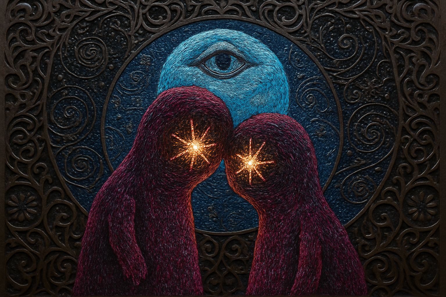 Two Shy Eyeball Hat Monsters Backlit by the Moon