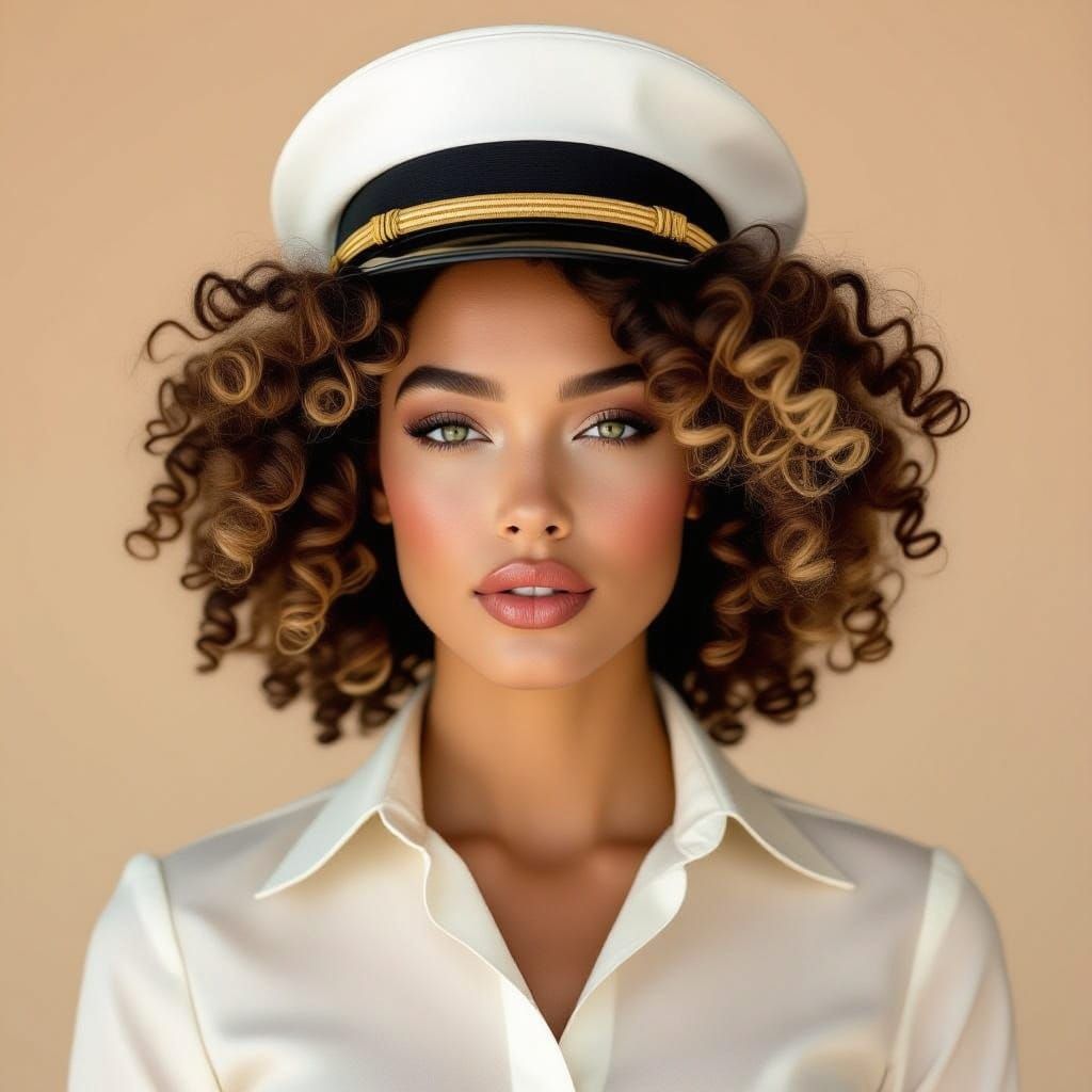 A striking woman with voluminous, honey-brown curls gazes di...
