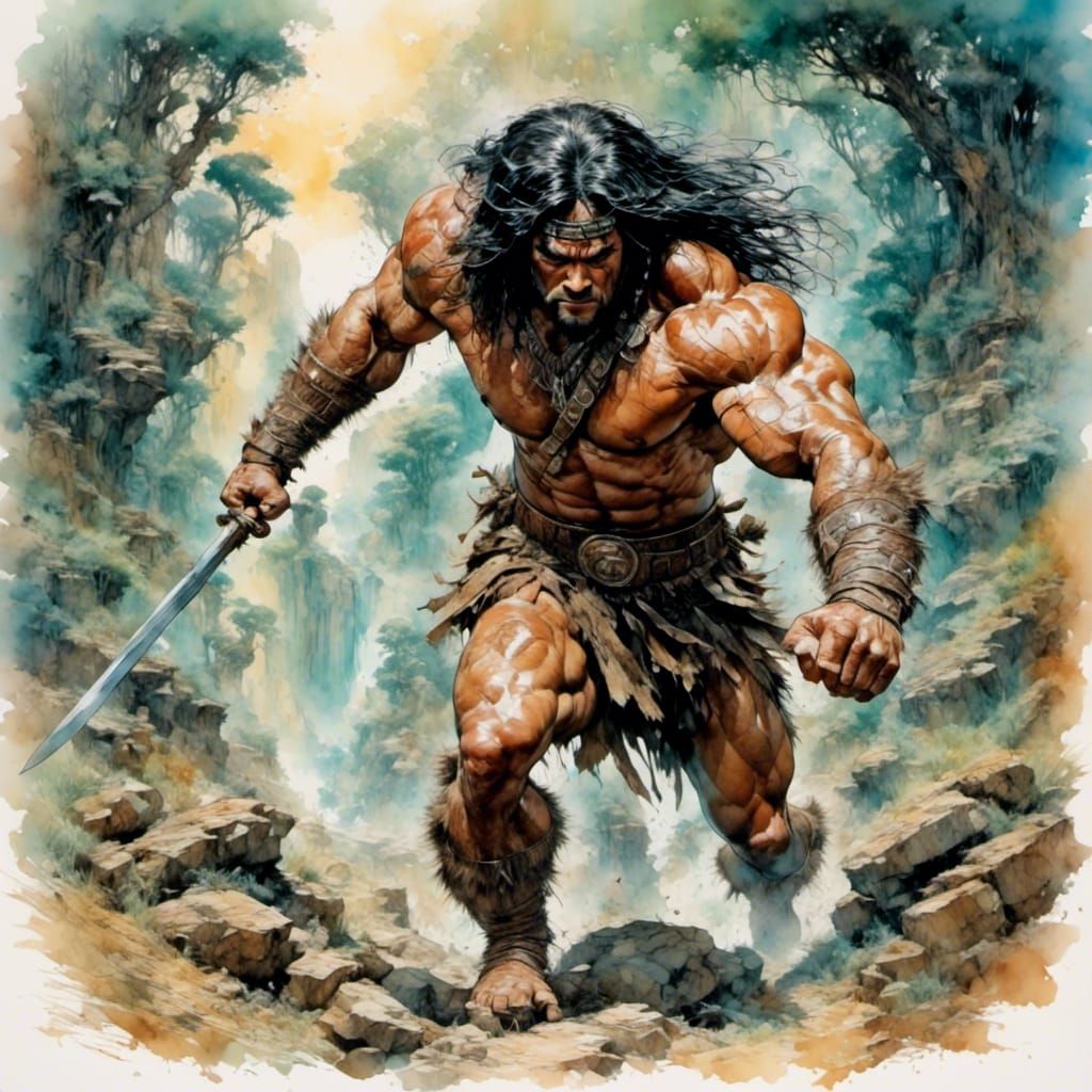 Conan vs Yautja in Jungle, Watercolor Comic Art