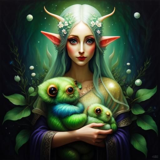 Ethereal Elf Portrait with Tardigrade, Fantasy Painting