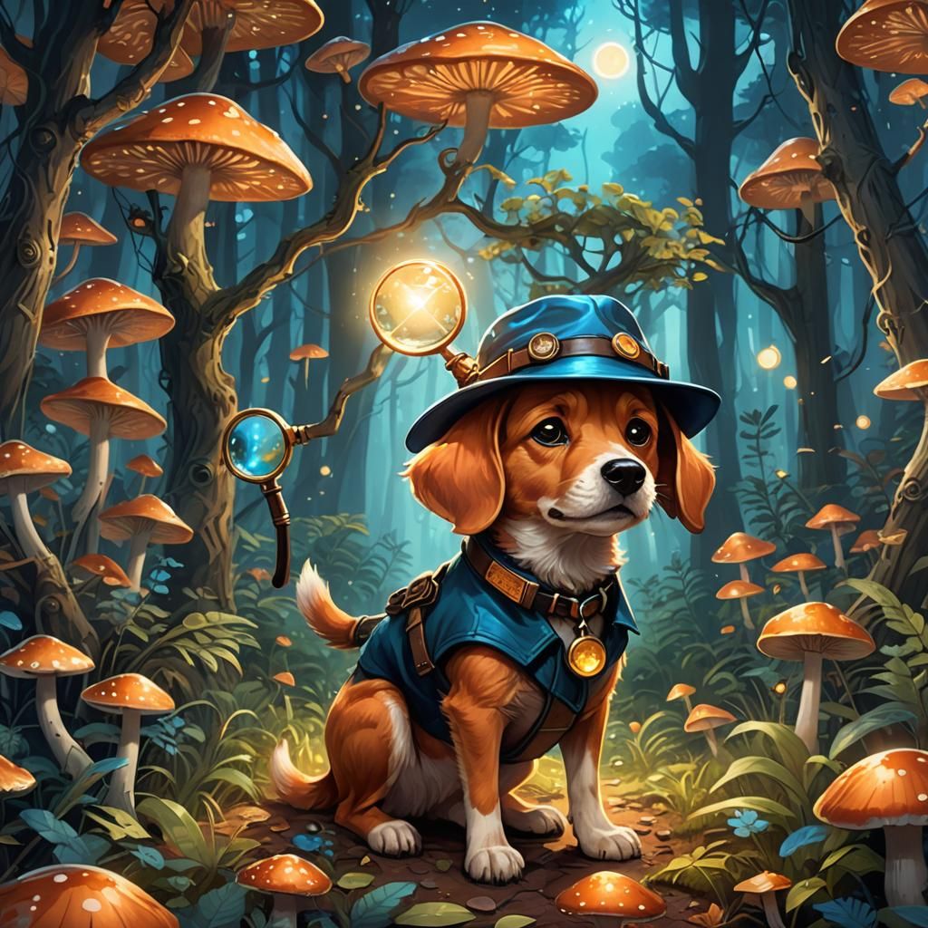 Detective Dog in Mystical Forest: Fantasy Concept Art