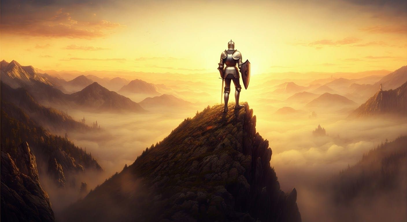 Knight on Mystical Mountain Peak at Golden Hour