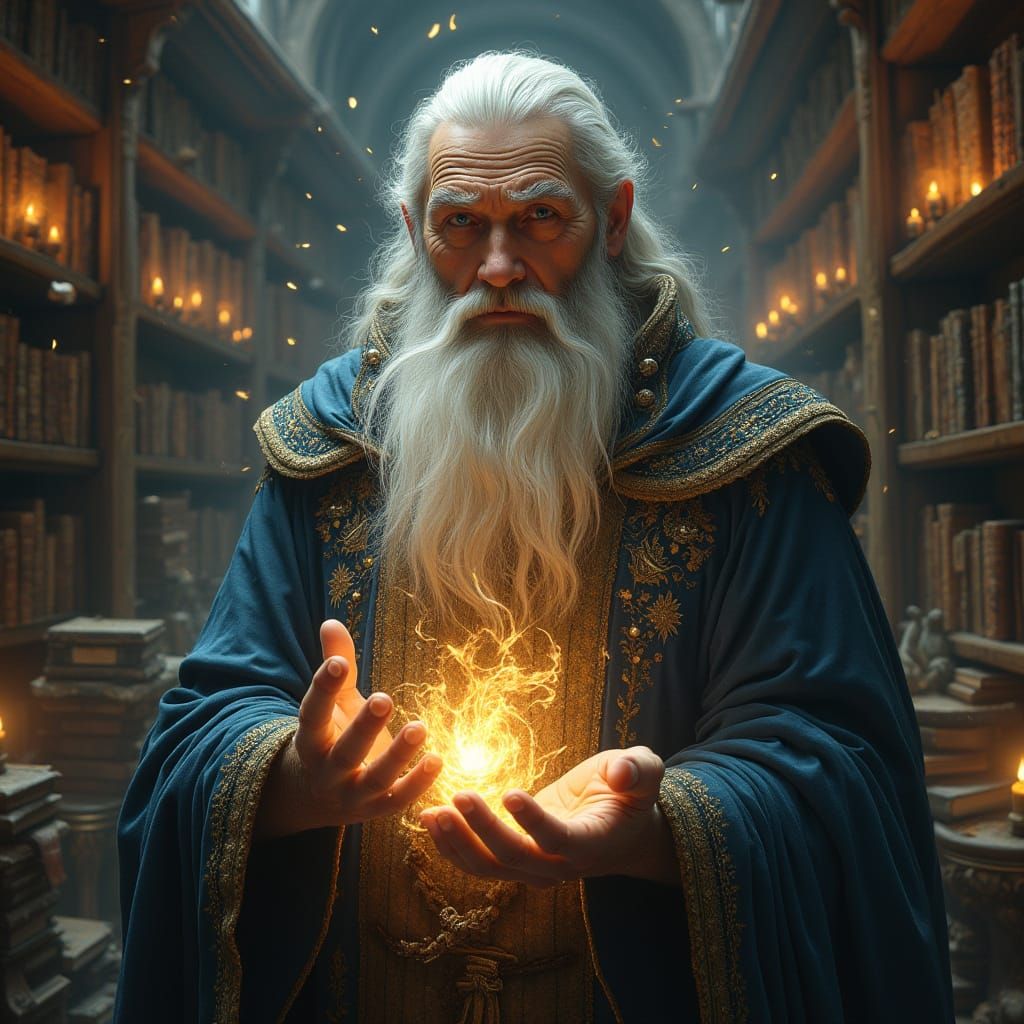 Intense Wizard in Arcane Library, Rembrandt Lighting