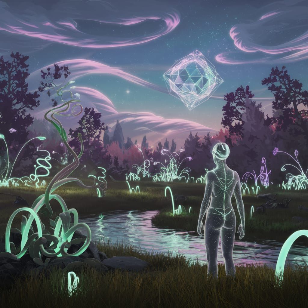 Bioluminescent Landscape with Floating Mandala