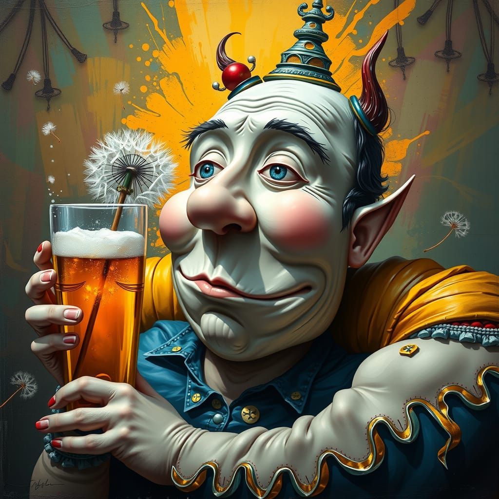 Whimsical Face Lounging with Beer in Abstract Expressionism