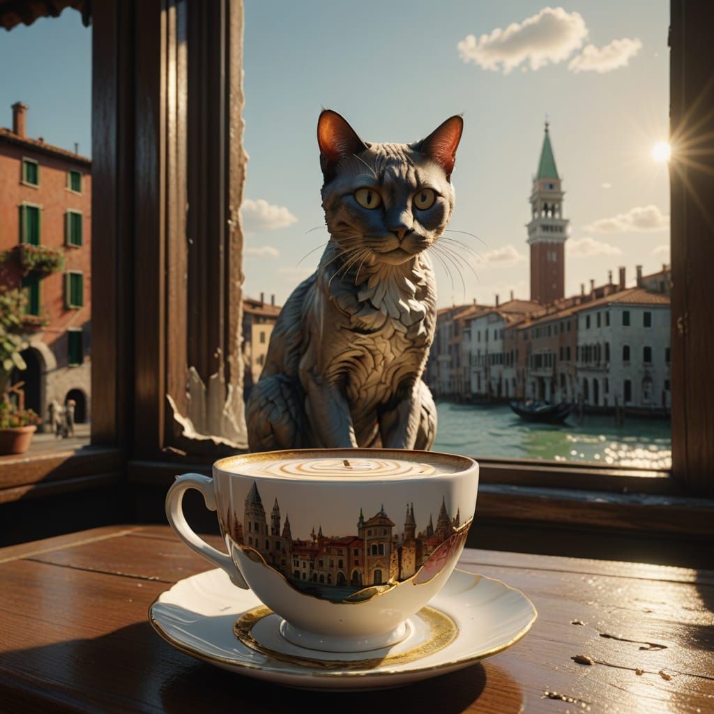 Cappuccino Siamese Cat Foam Art in Venetian Cafe