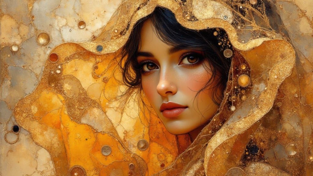 Veiled Woman in Desert, Klimt-Inspired Style