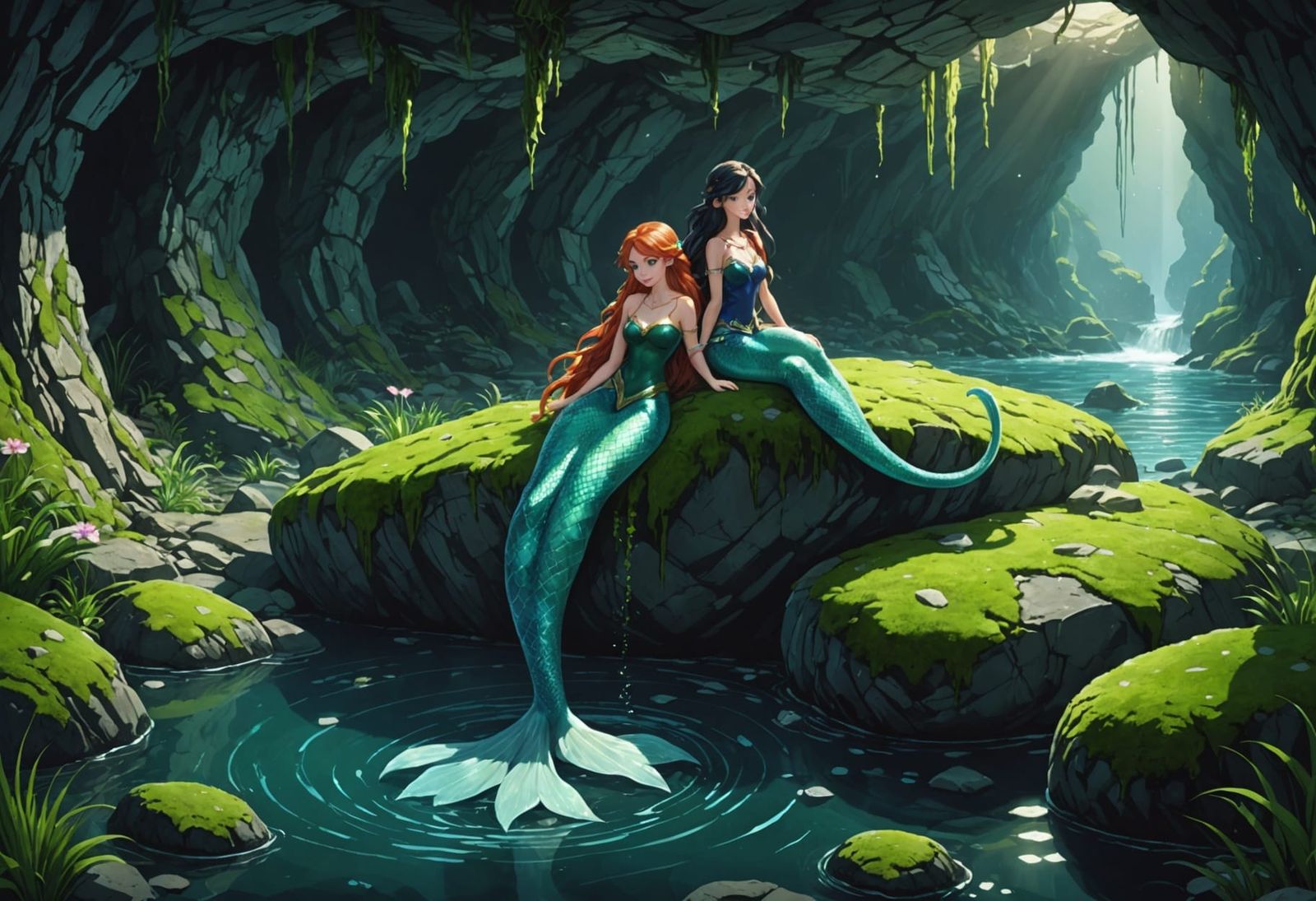 Serpentine Mermaids in Grotto with Crystalline Formations