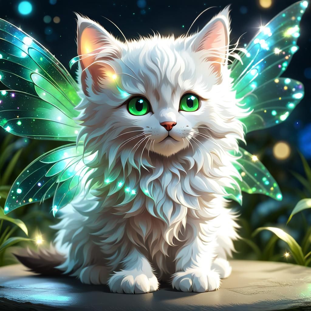Fairy Kitten with Iridescent Wings in Digital Art Style