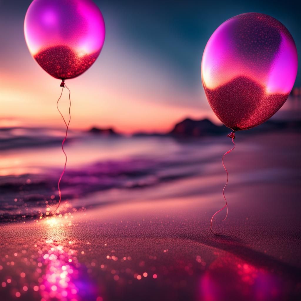 Neon Balloons on Glitter Beach in HDR