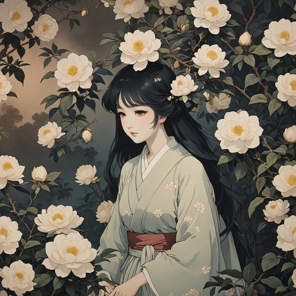Anime Ghost Camellia in Impressionistic Photograph Style