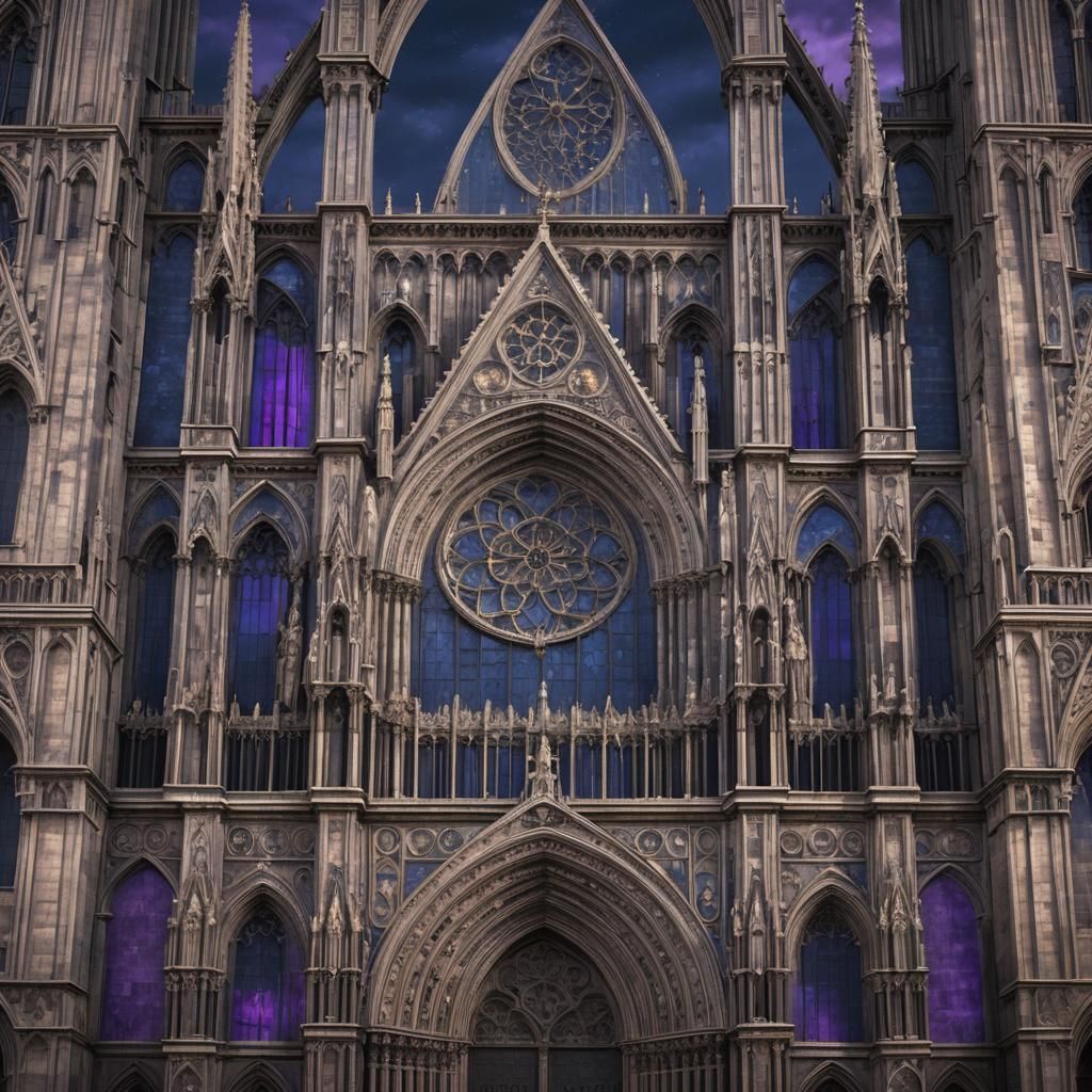 Gothic Cathedral Facade at Night in Fantasy Style