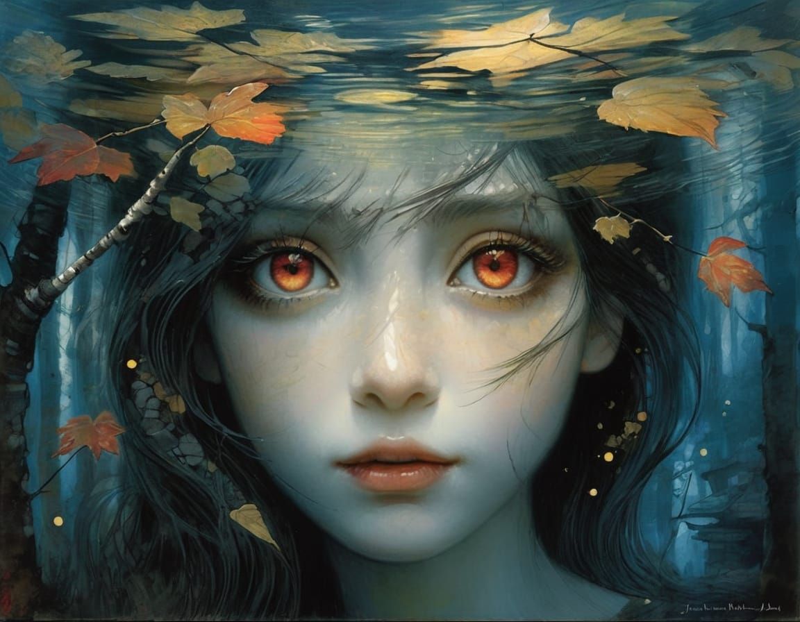 Misty Lake Cabin at Sunset in Sumi-e Acrylic Style