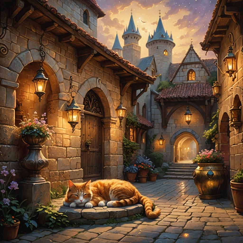Cat Nap in Mystical Medieval Courtyard