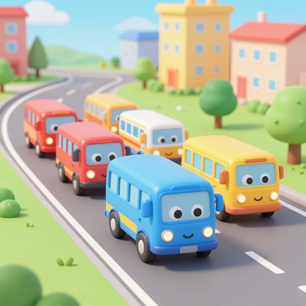 Cute Cartoon Buses on a Colorful City Road in Nursery Rhyme ...